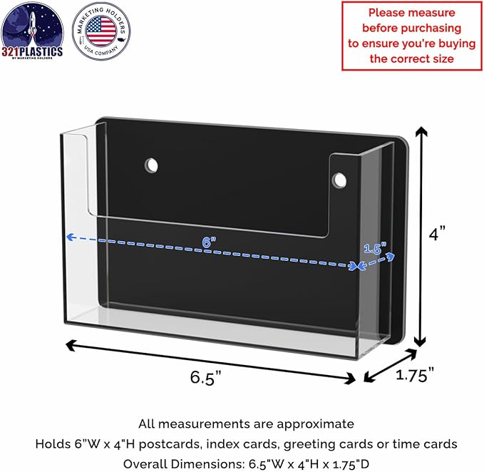 Marketing Holders Postcard Holder Holds 6" x 4" Materials Black Back Clear Single Pocket Index Greeting Cards Display Rack Includes Hanging Hardware Acrylic Owners Beach Boutiques Hotels