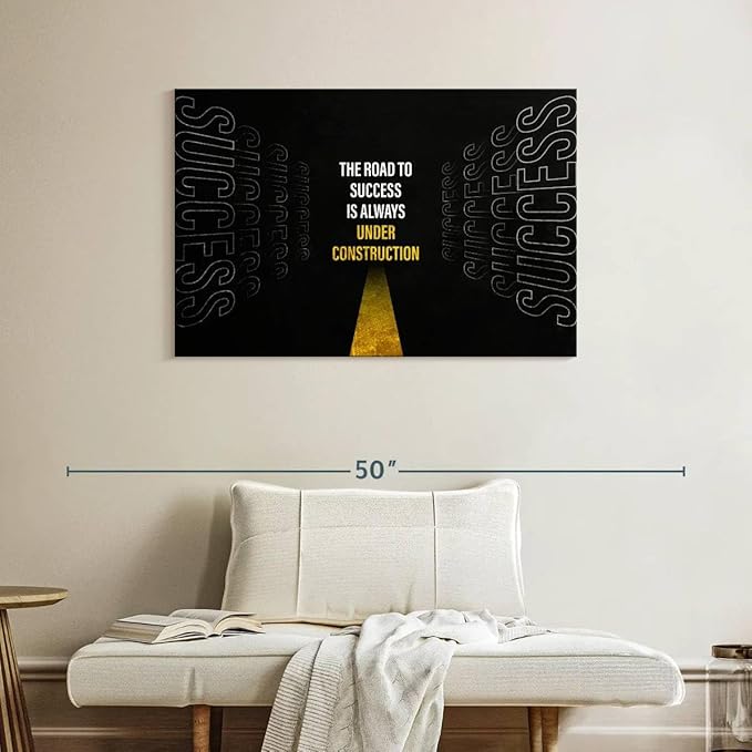 ElephantStock - Work On Your Road To Success Wall Art - Horizontal Canvas Wall Art - Home Office Wall Decor - Digital Art Inspirational And Typography Canvas Art - Black And White Decor - 39" x 26"