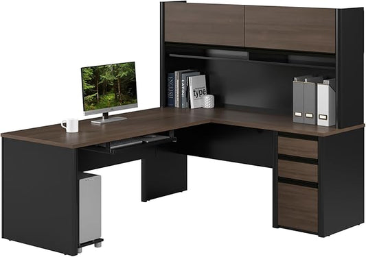 Bestar L Shaped Desk with Drawers, Hutch, and Keyboard Tray, Executive Workstation for Home or Professional Office, 72 Inches, Connexion Collection, Antigua and Black