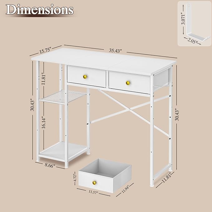 White Computer Desk, 36 Inch Small Desk with Drawers, Home Office Desk with Storage Shelves for Bedroom, Living Room, Dorm, Vanity Desk for Small Spaces, White