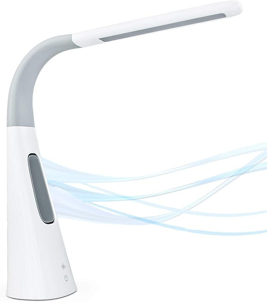 Turcom LED Desk Lamp with Fan, Cool Breeze Lamp with Bladeless Fan with Adjustable Neck, 3 Speeds and 5 Brightness Levels, White