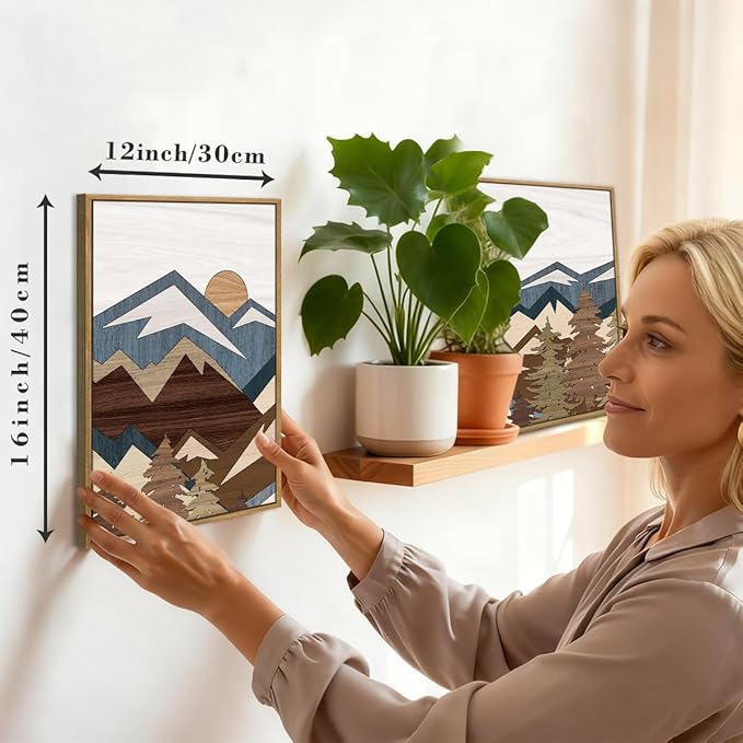 BINCUE Framed Boho Mountain Wall Art,Boho Landscape Canvas Wall Decor Beige,Large Mountain Artwork Woodcut,Abstract Sun Forest Nature Art Prints for Office Living Room Bedroom Home 12"Lx16"W Set of 3