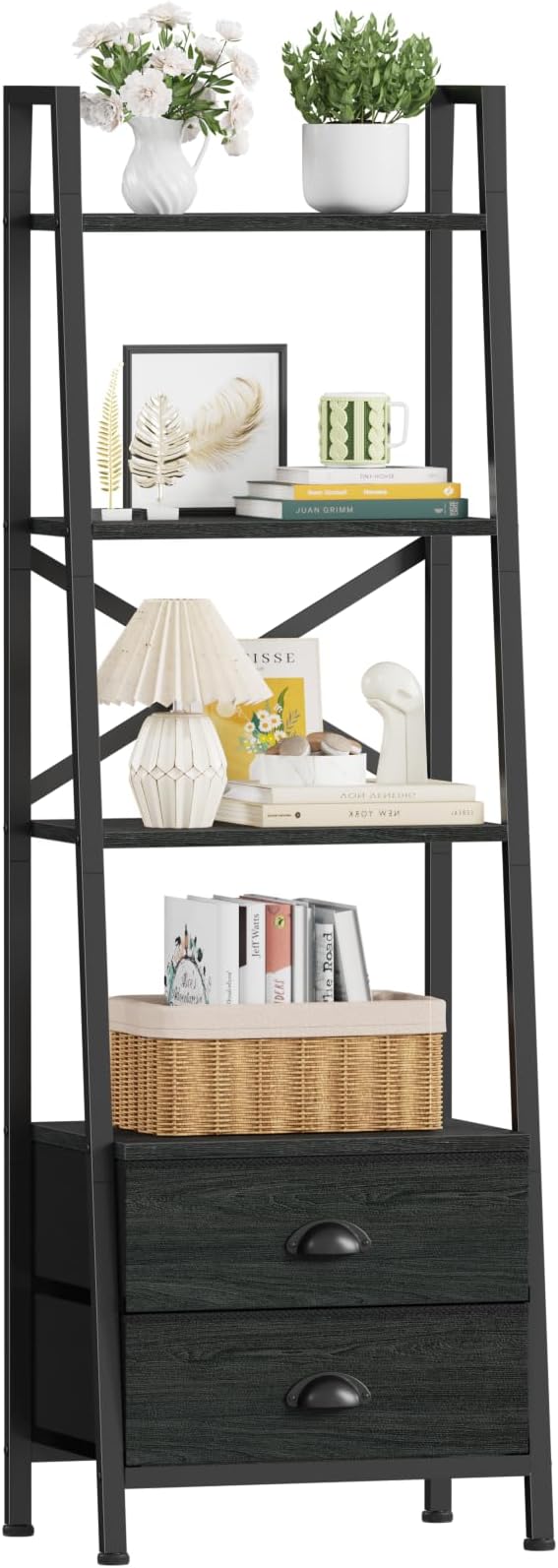 Furologee 4-Tier Ladder Shelf,Small Bookshelf with 2 Drawers,Vertical Bookcase Storage Rack Organizer,Display Bookshelves for Living Room,Bedroom,Bathroom,Home Office,Kitchen,Black Oak