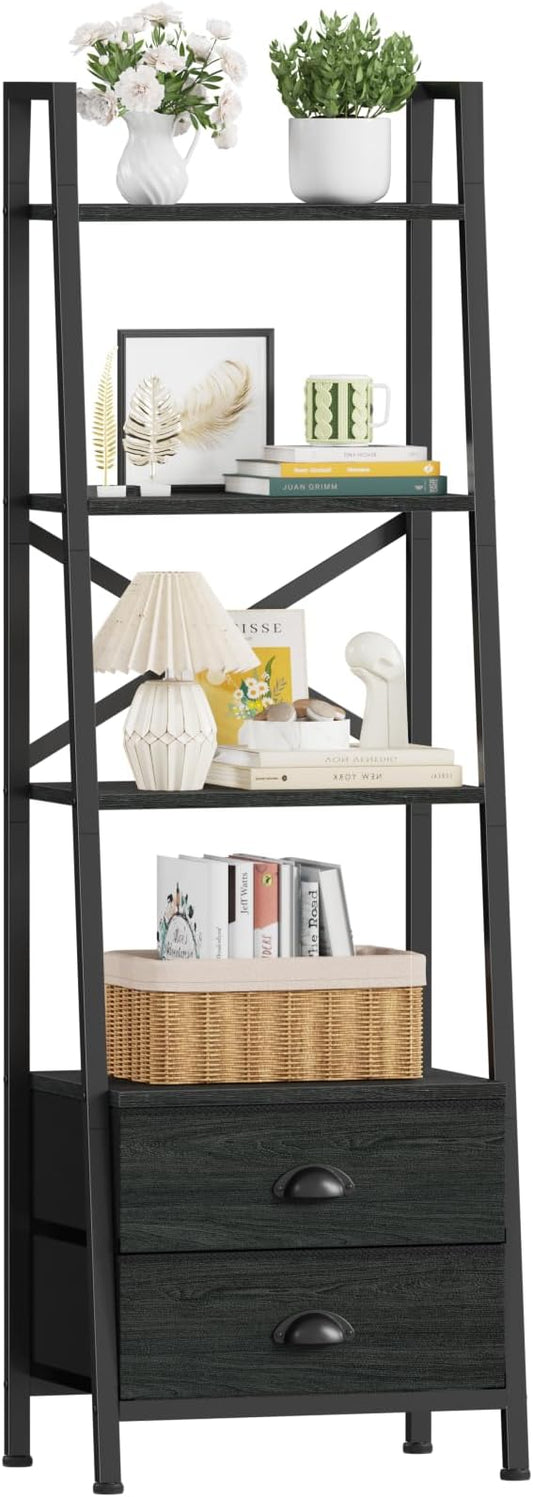 Furologee 4-Tier Ladder Shelf,Small Bookshelf with 2 Drawers,Vertical Bookcase Storage Rack Organizer,Display Bookshelves for Living Room,Bedroom,Bathroom,Home Office,Kitchen,Black Oak