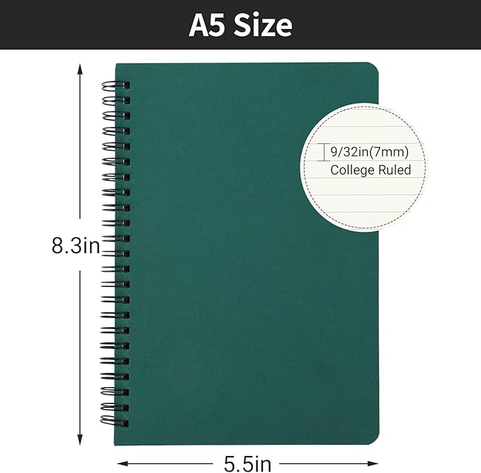 EUSOAR Students Ruled Spiral Notebook, A5 3packs 5.5"X8.3" 120 Pages Lined Writing Journal, Memo Notepad Sketchbook, Students College Office Subject Diary Ruled Spiral Book Journal- Green Cover
