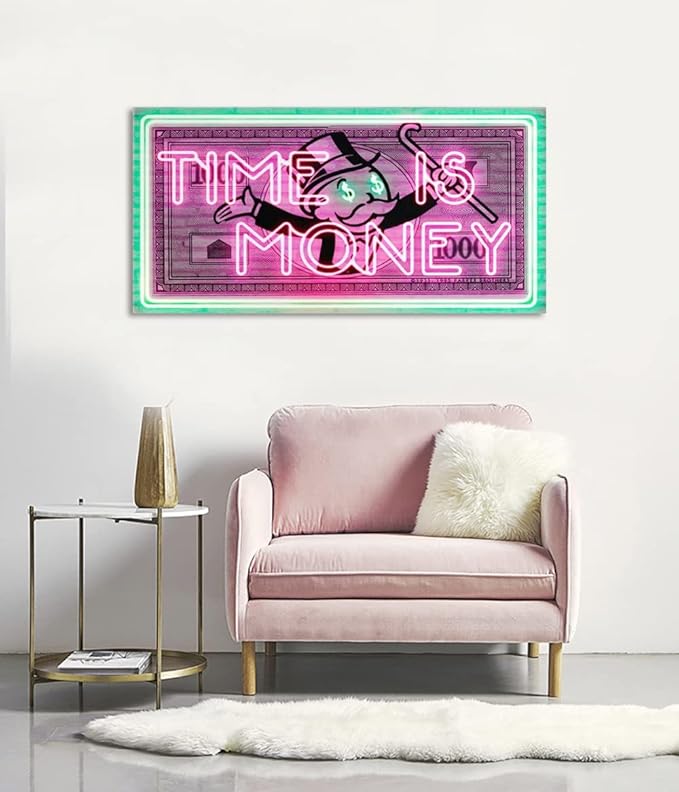 Time Is Money Show me the Money Motivational Office Canvas Art Green Pink Inspirational Wall Art Canvas Print Home Office Room Decor Inspirational Framed Easy to Hang-48 inchx24 inch