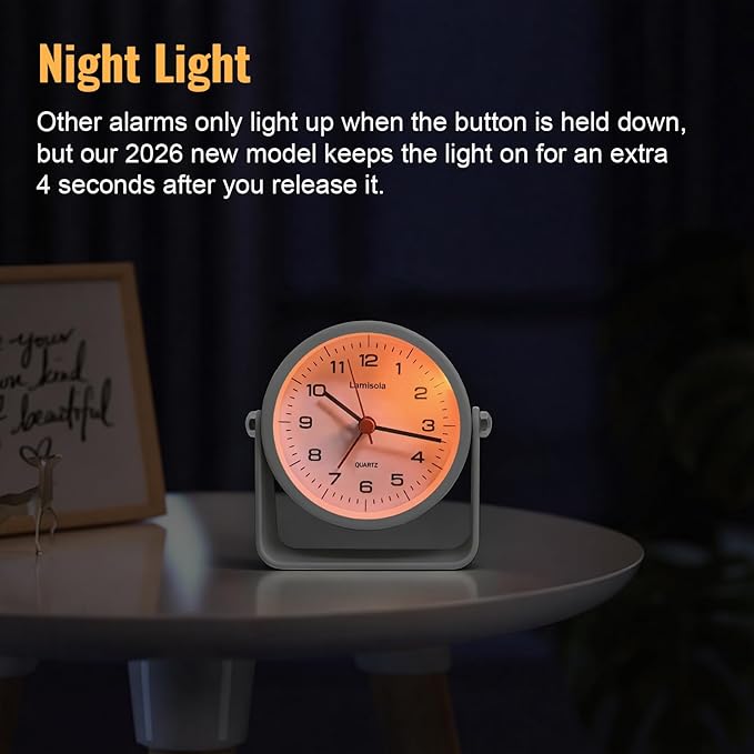 3.5 Inch Small Desk Alarm Clock, Battery Operated Analog Silent Clock with Night Light, Retro Vintage Metal Bedside Clock for Bedroom, Office, Bathroom, Dorm, Shelf, Table - White