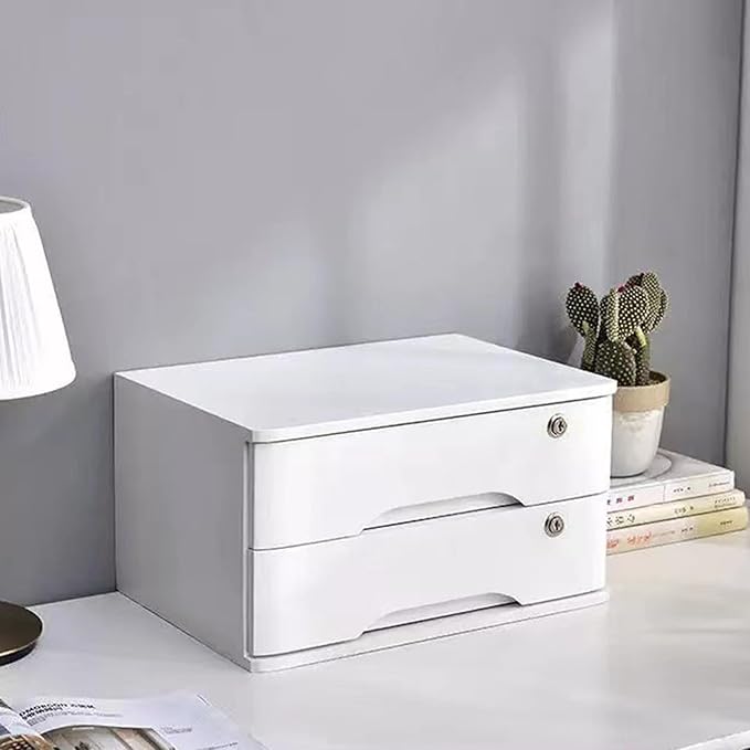 Wooden Desktop Organizer, 2 Drawers Tabletop Storage Box with Lock,Office Supplies A4 File Organizer,White
