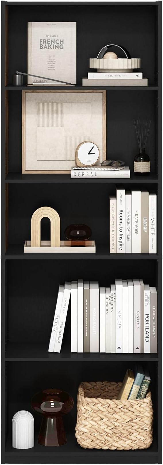 Furinno GEHRY Book Shelf, 5-Tier Bookshelf, Bookcase, with Adjustable Shelves, 11.6 x 24.8 x 71.4, for Home Office, Living Room, Darkwood
