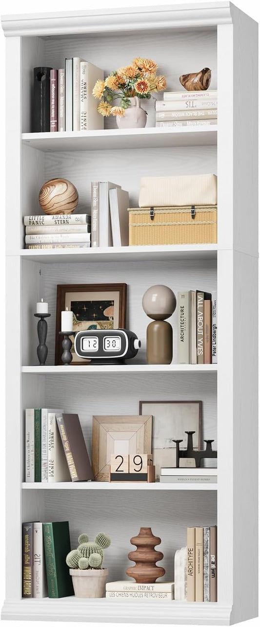 Rresyet 5 Tier Bookshelf and Bookcase, Tall Modern Bookcase with Storage Shelves, Sturdy Open Display Shelf for Living Room, Bedroom, Home Office, Dining Room Decor, White