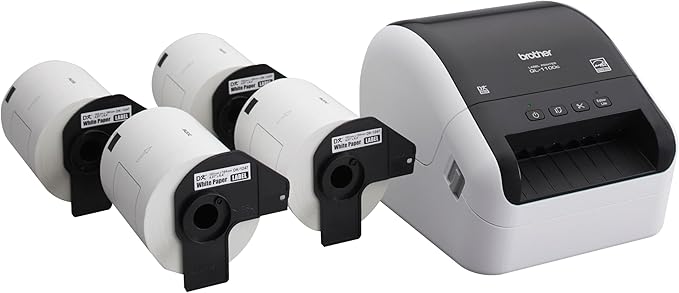 Brother QL-1100c Bundle, Wide Format Label Printer, Prints Postage Labels, Barcode & QR Code, USB Connectivity, Plus 4 Rolls of Genuine DK Label Tapes DK-1247 4.07” x 6.4” Die-Cut Shipping Labels
