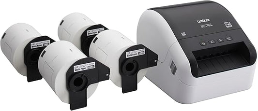 Brother QL-1100c Bundle, Wide Format Label Printer, Prints Postage Labels, Barcode & QR Code, USB Connectivity, Plus 4 Rolls of Genuine DK Label Tapes DK-1247 4.07” x 6.4” Die-Cut Shipping Labels