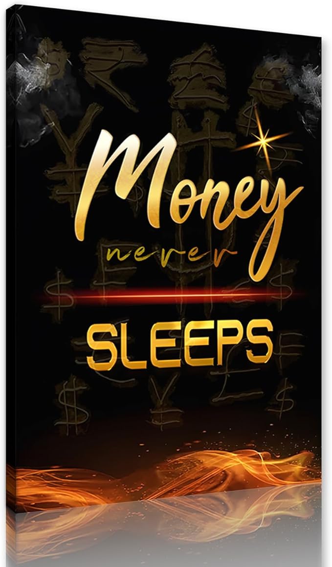 Inspirational Wall Art Money Never Sleeps Motivational Posters Wall Decor Black Golden Canvas Prints Artwork for Office Living Room Decoration Ready to Hang-12x16 inch