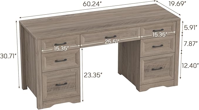 Farmhouse Executive Desk, Wood Home Office Desk with 2 Large File Drawers and 5 Storage Cabinets, Rustic Writing Desk for Work and Study, Grey
