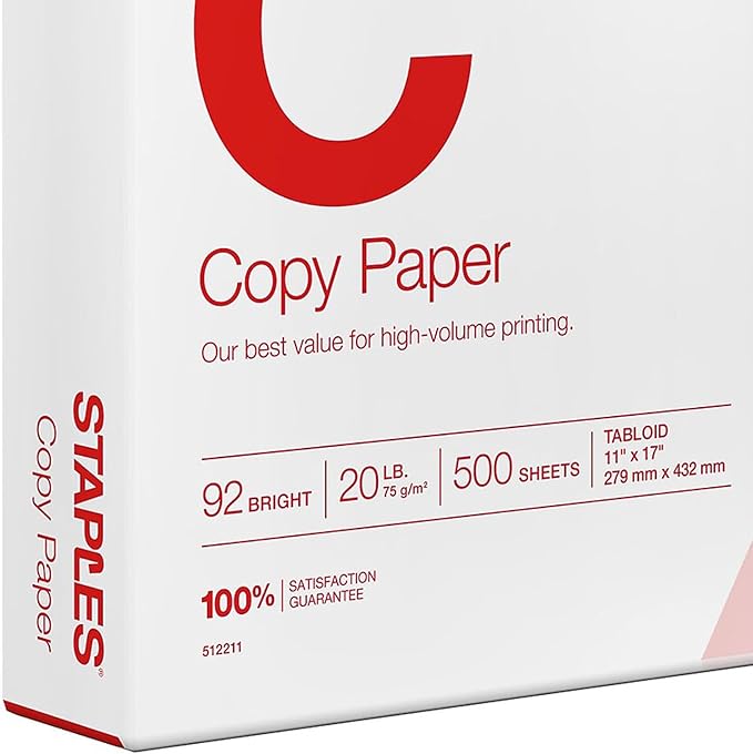 Staples 11-Inch X 17-Inch Copy Paper 20 Lbs 92 Brightness 500/Ream, For Office, School & Home