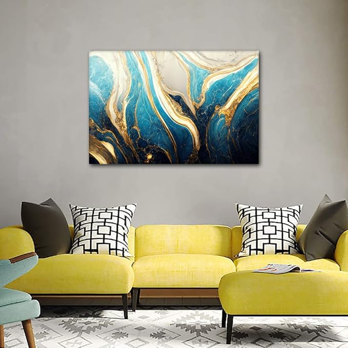 Modern Canvas Wall Art for Office 1 Panel Abstract Marble Art Poster Turquoise Gold and White Colors Picture Prints for Native Americans Living Room Home Wall Decor Stretched Ready to Hang 36x24 in