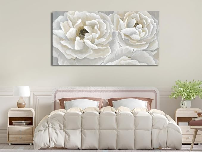 arteWOODS Cream White Flowers Wall Art - Soft Peony Pictures for Wall Decor Elegant Blossom Flower Painting Artwork Botanical Prints for Living Room Home Office Wall Decoration 29" x 58"