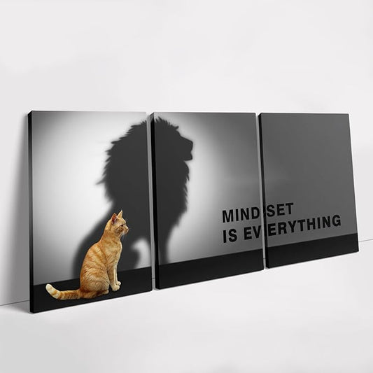 Mindset is Everything Wall Art Lion Cat Motivational Wall Decor for Office Pictures Posters Framed Inspirational Canvas Wall Art Prints Painting Artwork Decor Ready to Hang in Living Room Bedroom