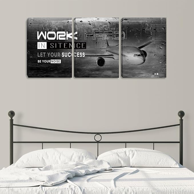 Motivational Framed Canvas Wall Art Success Quote Office Wall Art Black Positive Poster Set of 3 Prints Plane Inspirational Print Entrepreneur Workplace Workout Room Decor(48" Wx24 H)