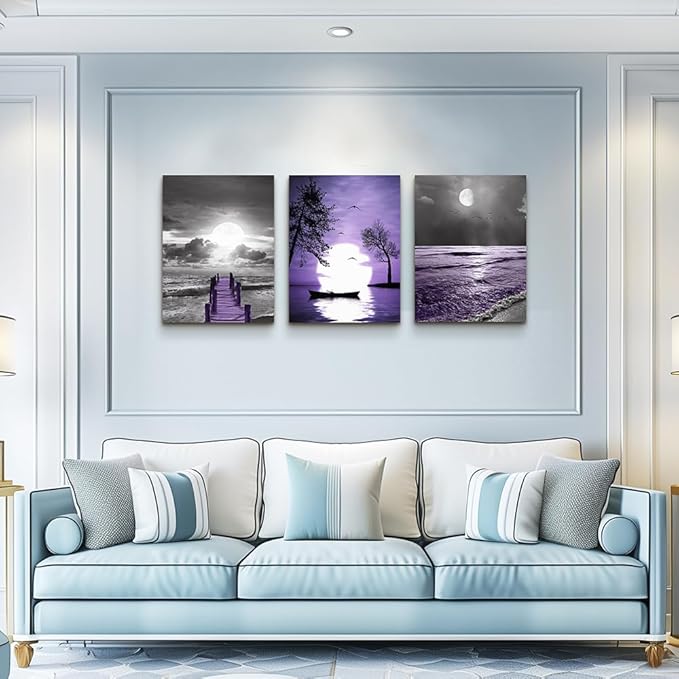 wall decorations for living room 3 Piece framed canvas wall art bathroom artwork for wall painting office bedroom wall decor Black and white ocean purple Landscape modern family Posters home decor