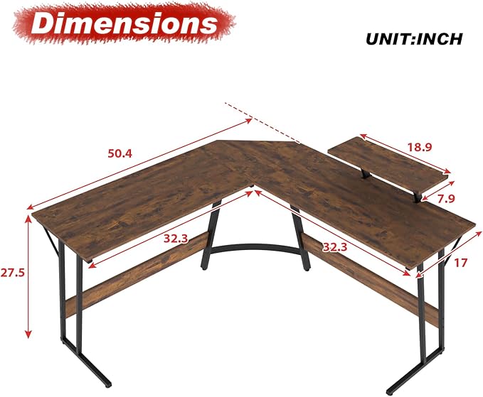 PayLessHere L Shaped Desk Corner Gaming Desk Computer Desk with Large Desktop Studying and Working and Gaming for Home and Work Place,Brown