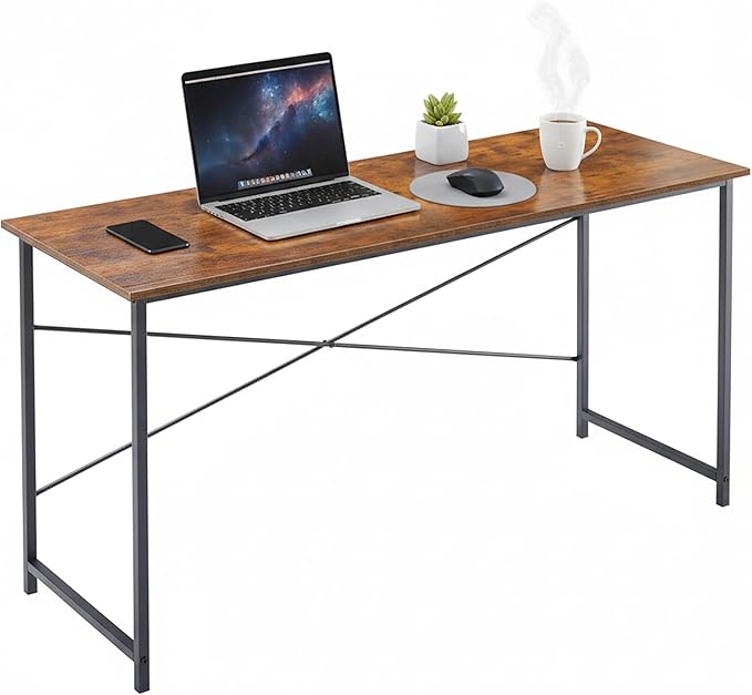 Computer Desk 55 Inch, Simple Home Office Desk Study Writing Table, Sturdy Metal Frame, Scratch-Resistant MDF Desktop for Bedroom Dorm Workspace, Brown