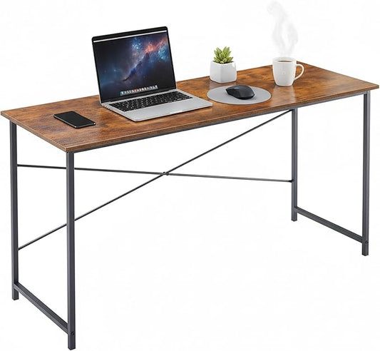 Computer Desk 55 Inch, Simple Home Office Desk Study Writing Table, Sturdy Metal Frame, Scratch-Resistant MDF Desktop for Bedroom Dorm Workspace, Brown
