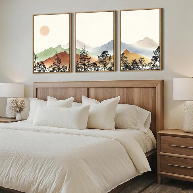 BINCUE Boho Mountain Wall Art Framed Mountain Wall Decor Sun Forest Artwork for Living Room Bedroom Office 16x24 Inches Set of 3