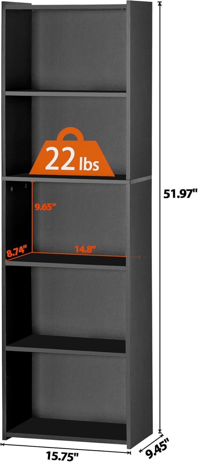 5-Tier Narrow Bookcase for Small Spaces, Freestanding Bookshelf Organizer with Open Shelves for Home Office, Bedroom, Apartment, Kids Room, Storage for Books, Toys and Bins