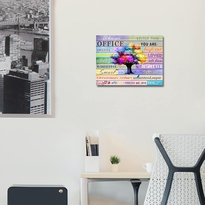 Inspirational Wall Art Office Motto Decor Quotes Colorful Tree Signs Pictures Wonderful Linen Painting Motivational Wall Decals for Home Office Room Decor Framed Canvas Prints 12x16 inches