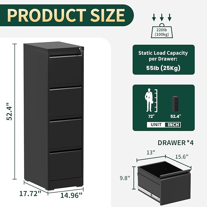4 Drawer File Cabinet with Lock, Vertical Filing Cabinets for Home Office, Locking File Cabinet Hanging Files for A4/ Legal/Letter, Require Assembly, Black