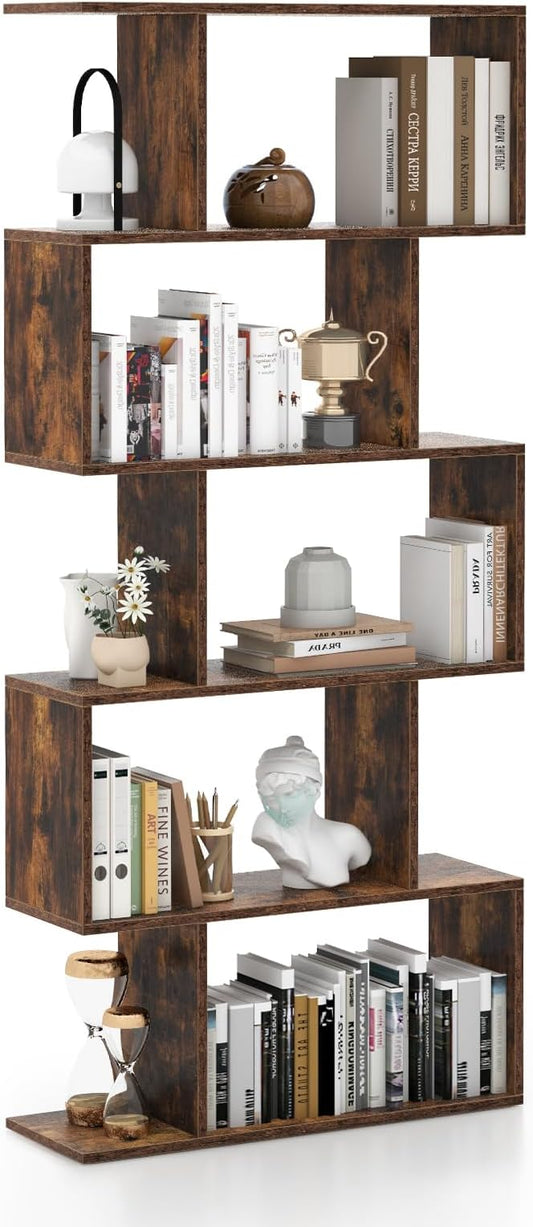 Tangkula 5-Tier Geometric Bookshelf, S Shaped Bookcase w/Anti-Toppling Device, Freestanding Room Divider, Industrial Wood Open Display Shelf for Living Room Home Office (1, Rustic Brown)