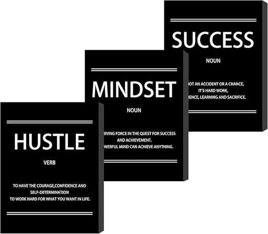 Hustle Mindset Success Wall Art, 12 x 16 Inch Motivational Canvas Wall Art for Living Room, Inspirational Quotes Painting Poster for Bedroom Classroom Meeting Room Office, Ready to Hang - 3pieces