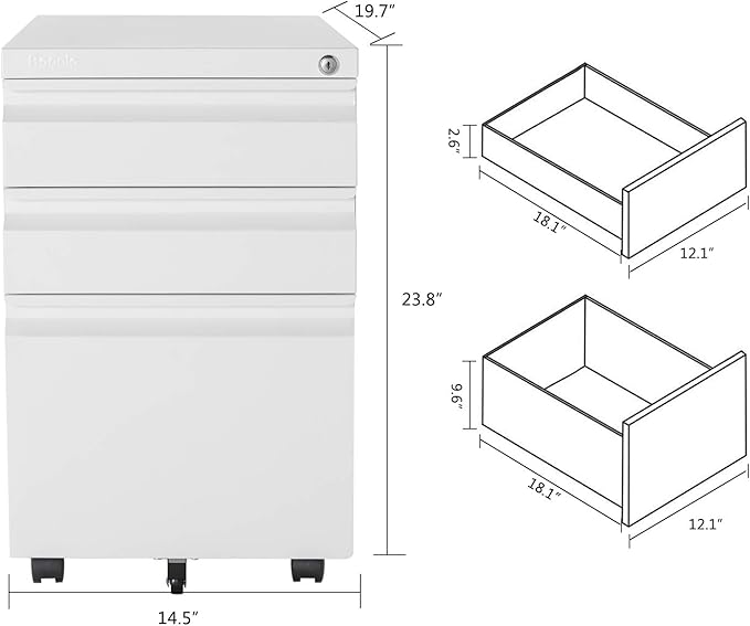 Bonnlo White 3-Drawer File Cabinet with Lock, Rolling Under Desk Filing Cabinet for Home Office, Mobile Office Drawers with Pencil Tray, Assembly Required, 23.6" H
