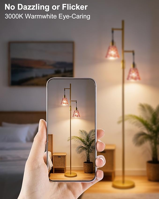 Lightdot 65IN Glass Floor Lamp for Living Room, 2- Light Gold Floor Lamps with Rose Red Glass Shade& 3000K Warm White Bulbs, Modern Standing Tall Lamp for Bedroom/Corner Beside/Home Decor