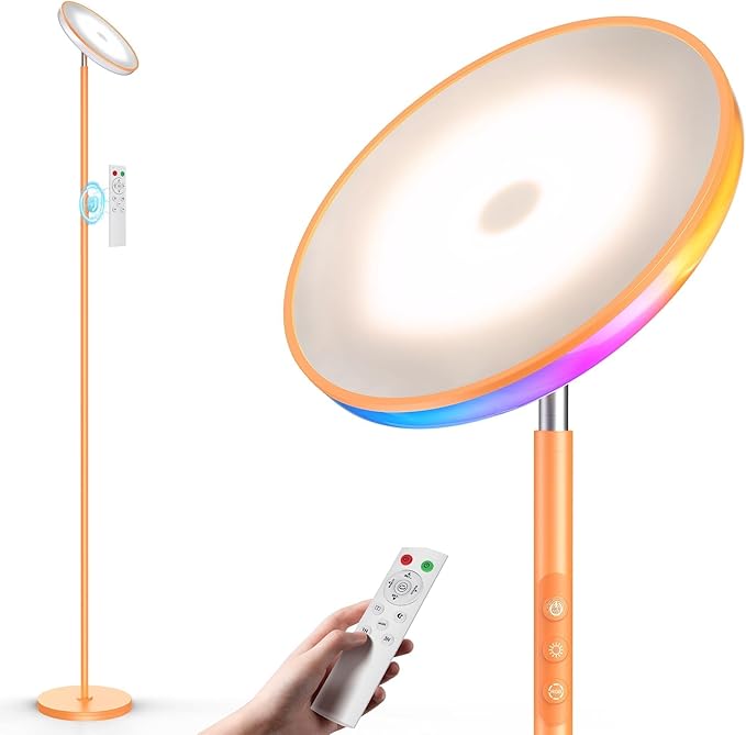 UFO LED Torchiere Floor Lamp with RGB Ambient Light, 42W 3700LM Bright Dimmable Sky Lamp,71in Modern Tall Standing Lamp with Remote Touch Control&Timer, Living Room Bedroom Office Gaming Room,Orange