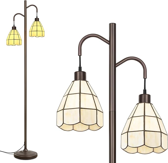 Floor Lamp with Dual Stained Glass Shades, Vintage Style Mid Century Tall Standing Lamp, Modern Farmhouse Decorative Corner Rustic Tree Light for Living Room Bedroom Home Office(E26 Base)