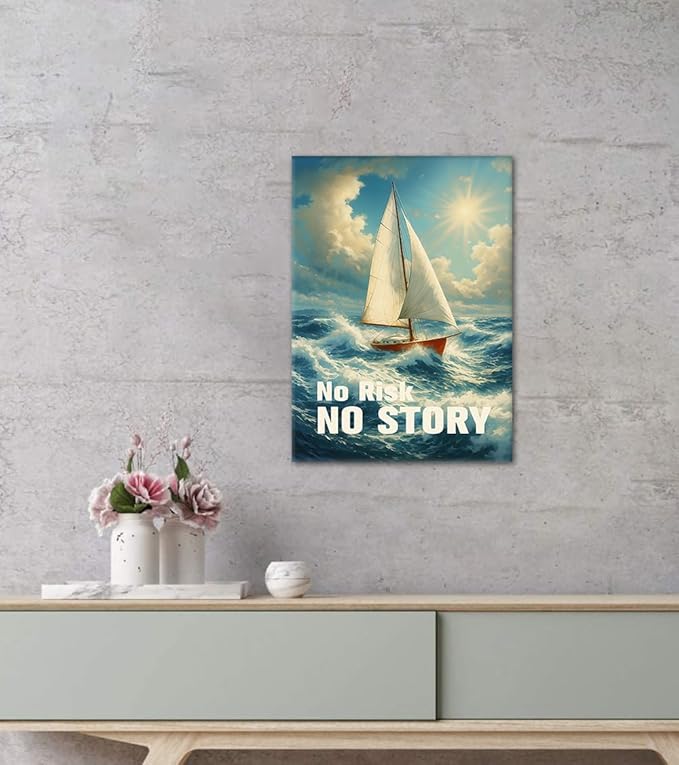 No Risk No Story Motivational Wall Art, Inspirational Sailboat Canvas Print with Encouraging Quote Inspiring Wall Dercor Ocean Landscape Poster Modern Nautical Artwork for Office Home, Framed 12"x16"