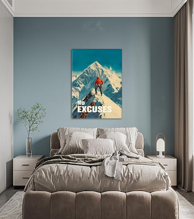 No Excuses Wall Art - Inspirational Mountaineer Canvas Print, Face Challenges Head-On Motivational Quotes Wall Decor, Modern Success Artwork for Office Home Living Room, Framed 24"x36"