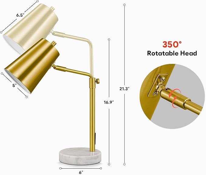 VONLUCE Gold Desk Lamp with LED Bulb Adjustable, Antique Brass Metal Table Lamp Marble Base, Mid Century Modern Reading Lamp Office, 20’’ Industrial Task Lamp Work Lamp for Reading Bedroom