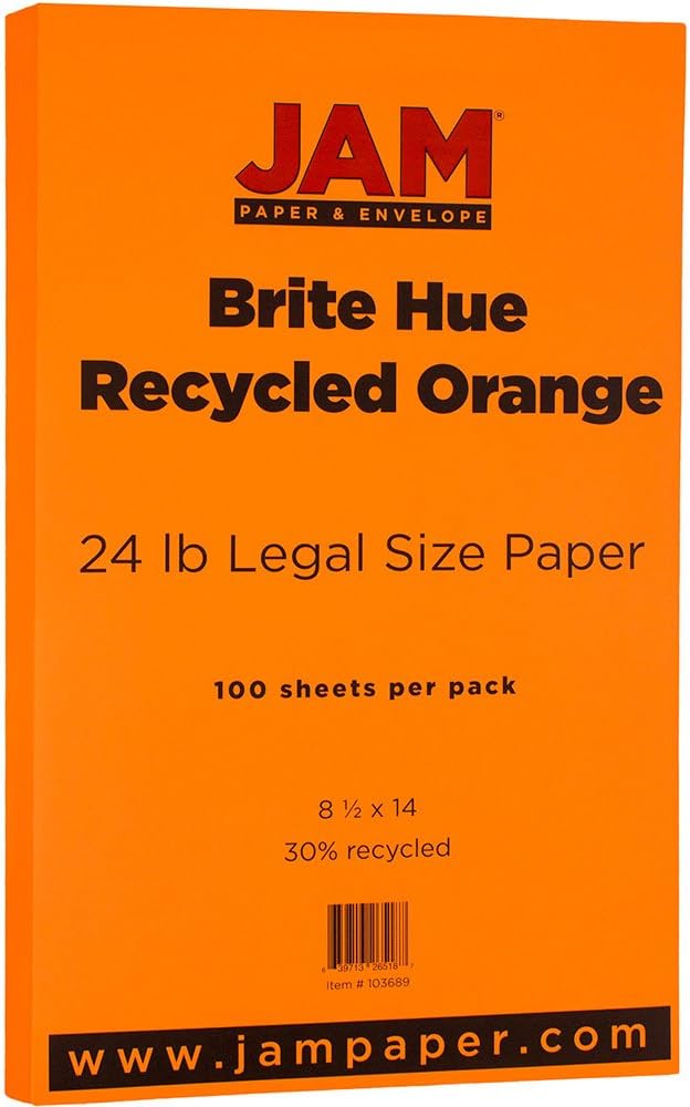 JAM PAPER Legal Colored 24lb Paper - 90 gsm - 8.5 x 14 - Orange Recycled - 100 Sheets/Pack