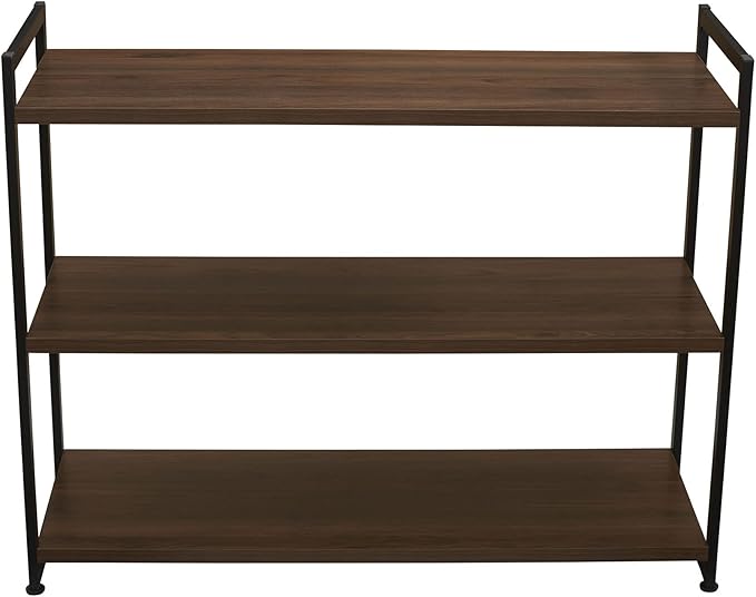 Household Essentials Jamestown Wide 3 Shelf Open Storage Bookshelf Mid Century Walnut Wood Grain and Black Metal