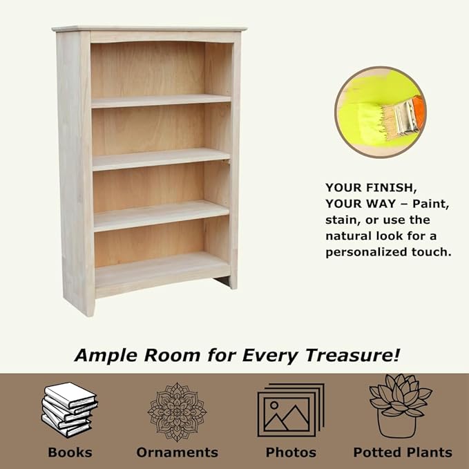 International Concepts Shaker Bookcase, 48-Inch High, Solid Parawood, Unfinished