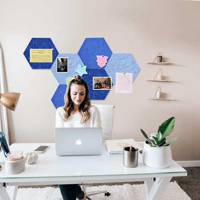Vuzvuv 6 Pcs Hexagon Bulletin Board with 50 Pushpins & Sticky Note Adhesive Cork Board for Wall，Felt Pin Board for School，Office Decor（Blue）