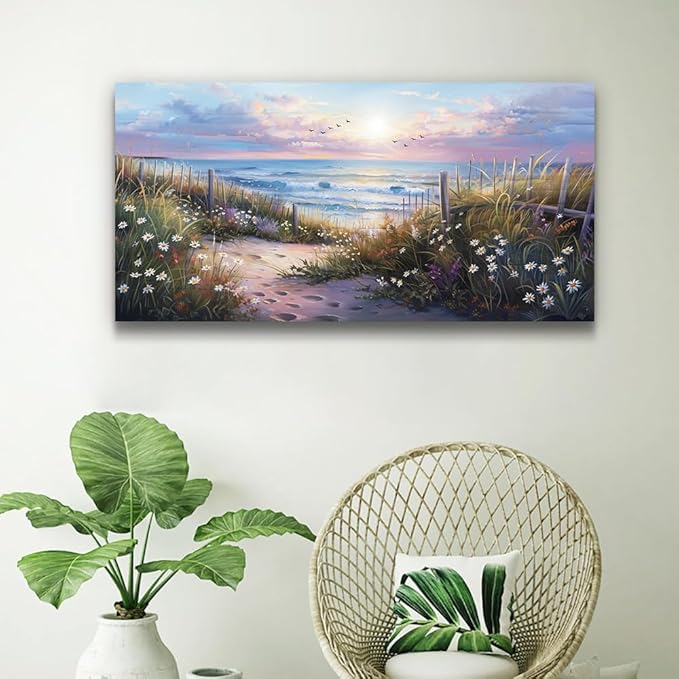 hyidecorart Blue Ocean Artwork Pictures Canvas Wall Art For Living Room Wall Decor For Bedroom Flower Beach Scenery Wall Painting Framed for Office Hotel Wall Decor Modern Posters Home Decorations