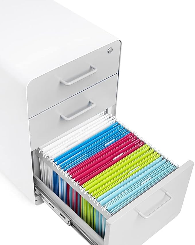 Poppin Stow 3-Drawer Rolling File Cabinet - White and Light Gray. Utility and Hanging File Drawers. Locking and Non-Locking Wheels. Powder-Coated Steel. Two Keys Included