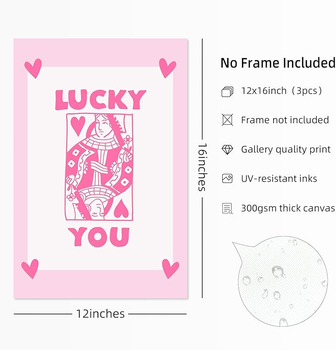 Youillne Lucky You Pink Wall Art Guest Check Preppy Wall Decor Trendy Aesthetic Canvas Wall Art Funky Poster Cute Picture Prints Inspirational Artwork for Room Bedroom 12x16 Inch Unframed Set of 3