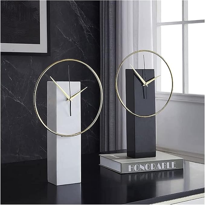 Chic Creative Light Luxury Table Clock, Stable Marble Desk Clock for Home Office Decor, Simple Metal Dial Design Tabletop Clock Shelf Clock (White)