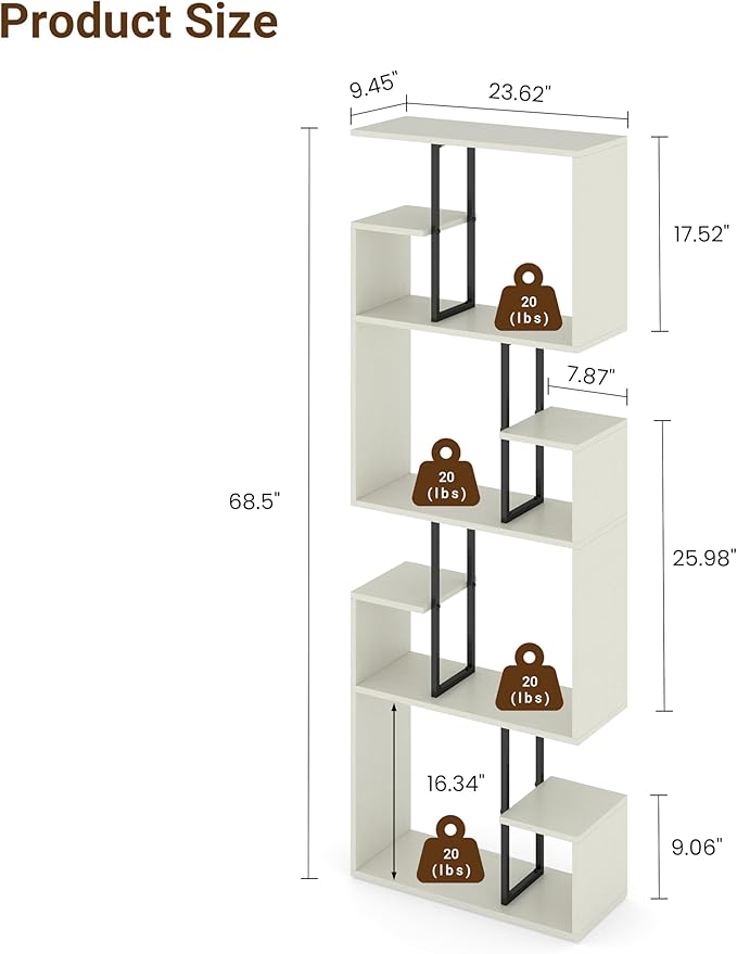 Manora 4 Tier Geometric Bookcase, S Shaped Bookshelf, Modern White Bookcase with Tall Display Shelves, Decorative Storage Shelf for Living Room and Bedroom