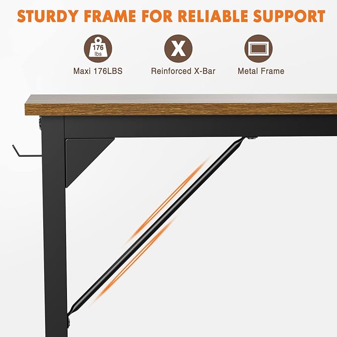 Sweetcrispy Computer Office Desk 63 Inch Student Study Writing Work with Headphone Hooks & Storage Bag Modern Simple PC Home Bedroom Table, Rustic Brown